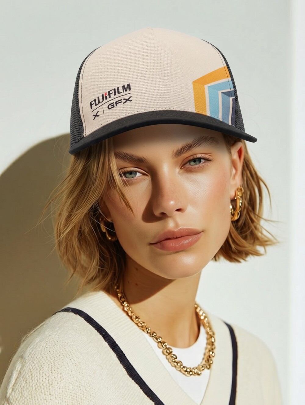 Fujifilm Trucker Cap in Cream and Black with Orange & Blue Accents